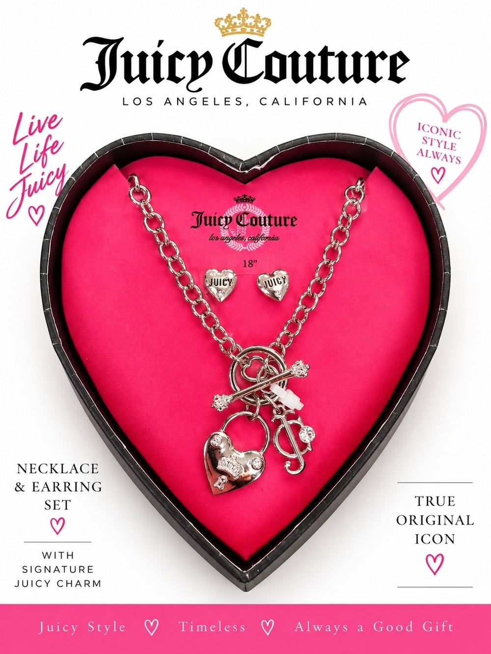 Juicy Couture Heart Charm Necklace & Earrings Set 18” w/ Heart Box NIB silver